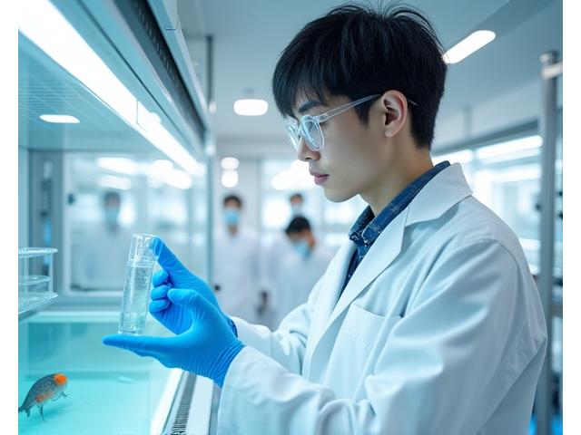 陸上養殖施設内の研究室で、白衣を着た研究員が水槽を調べている様子。最新の測定機器が並ぶ。