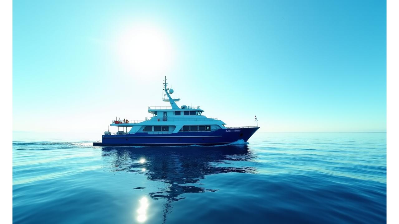 Kogen Fisheryの最新鋭漁船が大海原を進む様子。青い空と海が広がり、信頼と技術力を象徴しています。