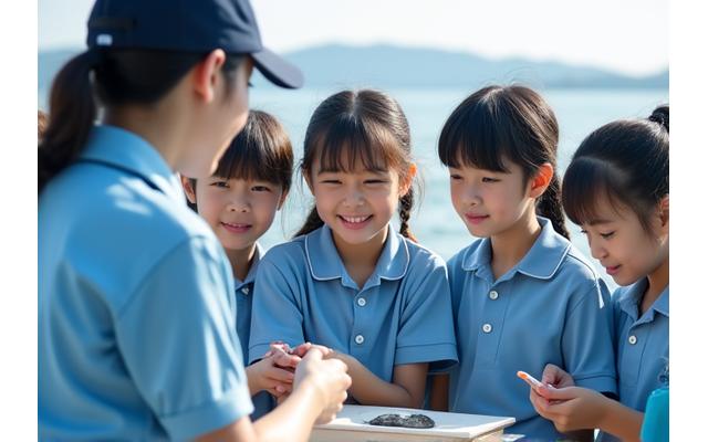 地元の小学生たちがKogen Fisheryの社員から漁業技術について学んでいる様子。活気あるワークショップの雰囲気。