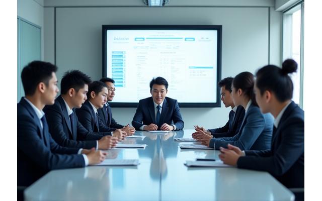 会議室で真剣に議論する多様なチームメンバー。透明性とコンプライアンスを象徴する清潔でモダンなオフィス環境。