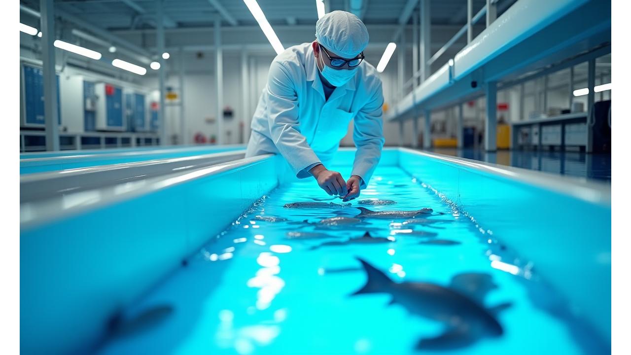 近代的な養殖施設で魚の健康をチェックする専門家