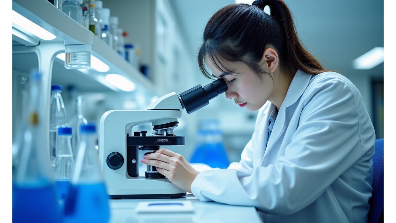 白衣を着た水産獣医師が顕微鏡でサンプルを分析している