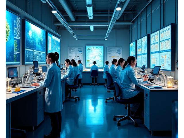 研究室で海洋生物学者たちがデータと顕微鏡を前に研究する様子
