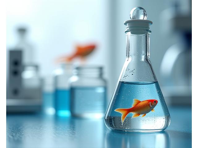 魚の病気を研究する研究者と顕微鏡、医薬品の瓶