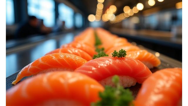 大手回転寿司チェーンの活気ある店内で、新鮮な寿司が提供されている様子