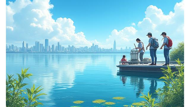 青い海と空の下で、東京湾の海洋環境調査を行うチーム