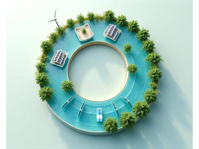 循環ろ過システムにより水が再利用されている陸上養殖施設を上空から見た図。持続可能性を示す円形の流れとクリーンなエネルギー源。