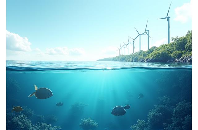 海洋環境と産業活動の調和を表現する、クリーンな環境で養殖される魚と海洋エネルギーのイメージ