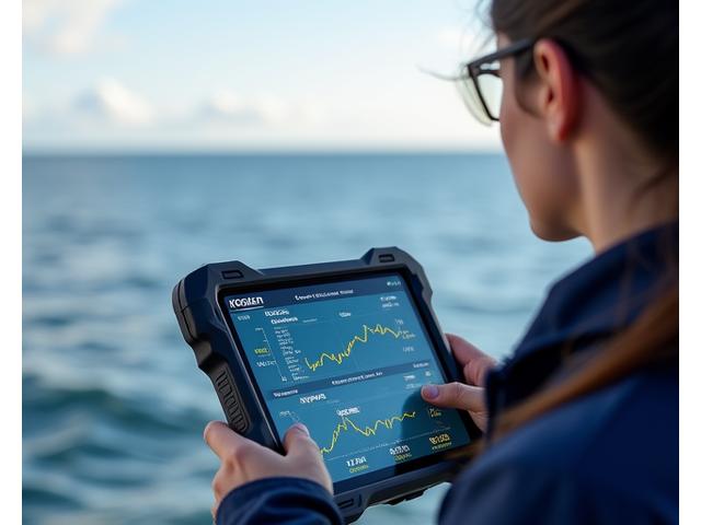 リアルタイム水質データを表示するタブレットを持つ研究員