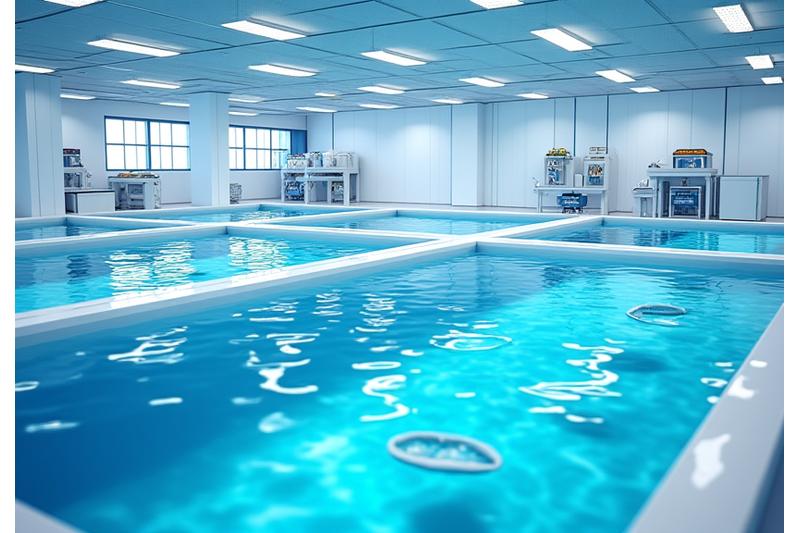 陸上養殖施設の水槽と水質管理システム