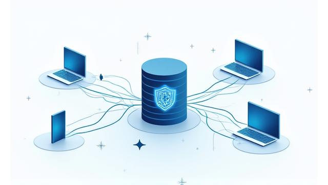 様々なデバイスからデータが安全なサーバーに流れる抽象的なイラスト