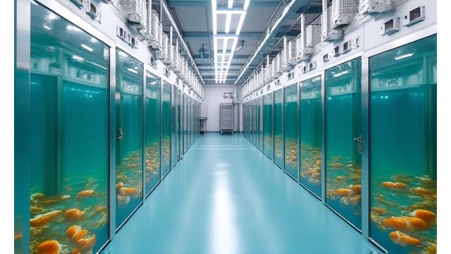 最先端の完全循環型陸上養殖施設の内部写真