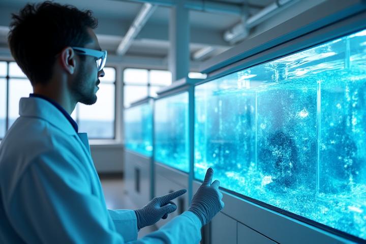 最新のAIとIoT技術が融合した研究室の様子。複数の研究者がスクリーンを見つめ、データ分析を行っている。