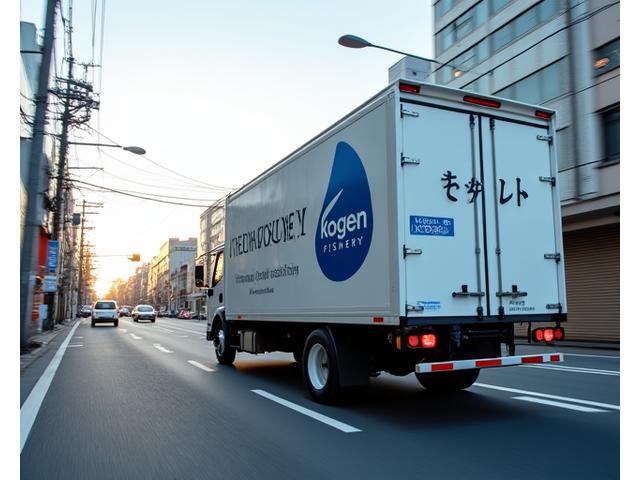 Kogen Fisheryのロゴが入った冷蔵・冷凍配送トラックが都市部を走っている。