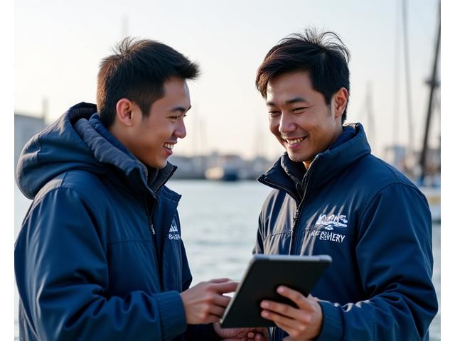 タブレットを持って漁師と話す技術サポートチームのメンバー