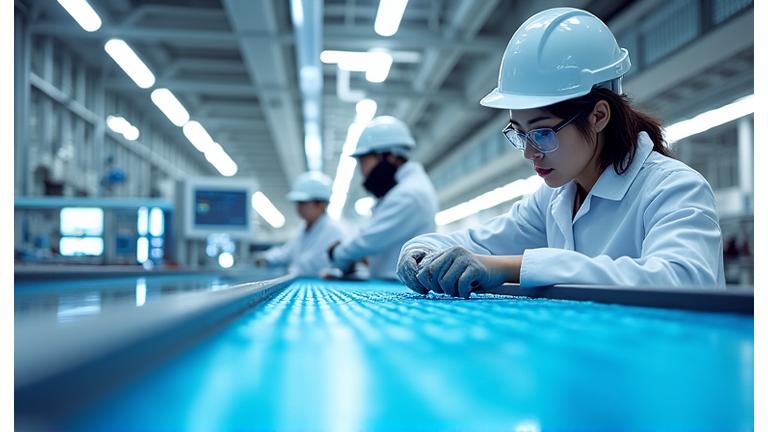 日本の工場でスマート漁網の製造ラインを熟練の職人が検査している様子