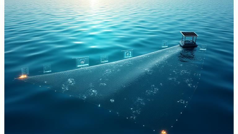 IoTセンサー内蔵のスマート漁網が海中で魚群とデータ通信を行っている様子