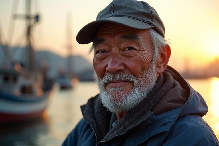 東京湾で活躍する経験豊富な漁師のポートレート